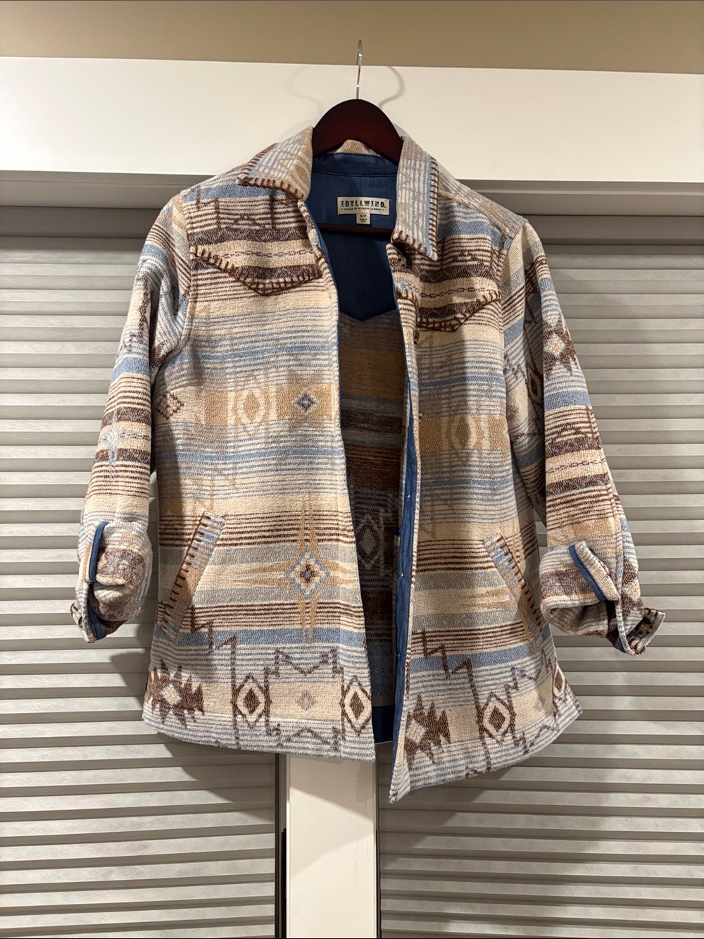 Women's Aztec Pattern Shacket - Blue & Tan